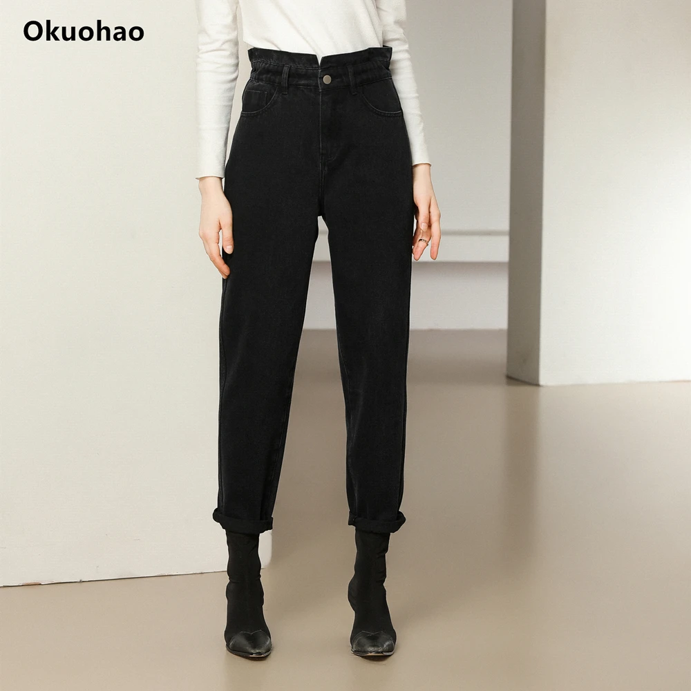 

Classic Jeans Women High Waist Loose Black Denim Pants 100%Cotton Ruffle Elastic Waist Female Fashion Autumn Winter New Jean