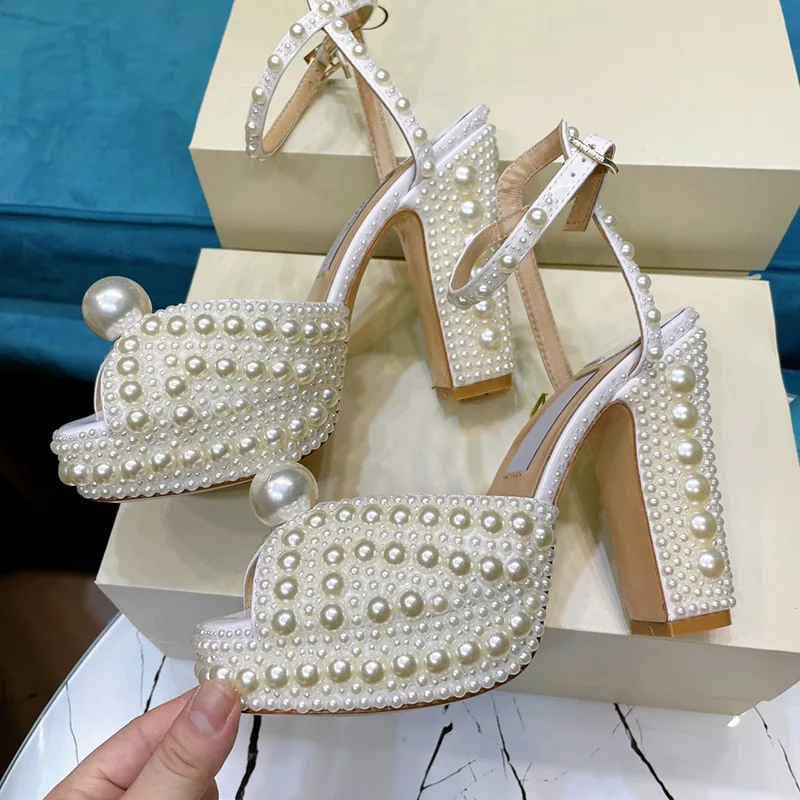 

2021High quality sandals handmade pearl decor peep toe platform bridal wedding shoes banquet chunky high heels sandalials w.omen