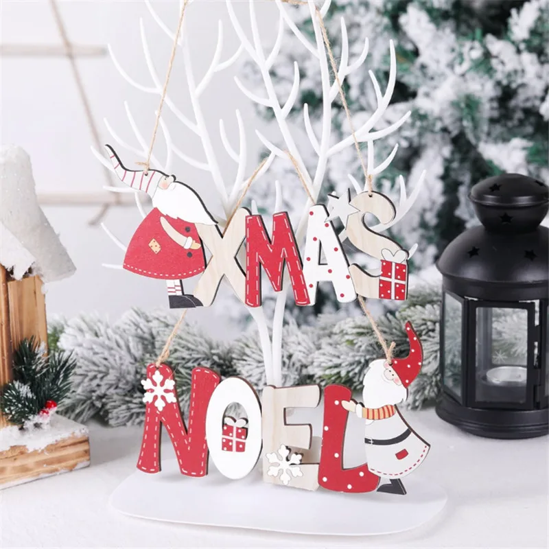 

New Merry Christmas Gift Santa Letter Wooden Sign Pendant Navidad 2021 Christmas Decorations for Home DIY Christmas Tree Pendant