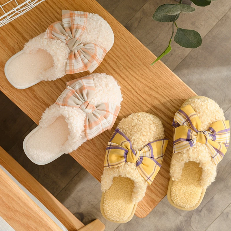 

Butterfly-knot Slippers Women Winter Warm Plush Indoor Outdoor Non-slip Bedroom Slippers Soft Fluffy Girls Shoes 2021