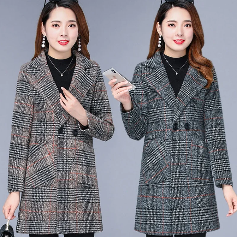 

Женское весенне-осеннее пальто 2019 Новое Стильное модное клетчатое плотное шерстяное пальто Повседневная Женская приталенная куртка с длин...