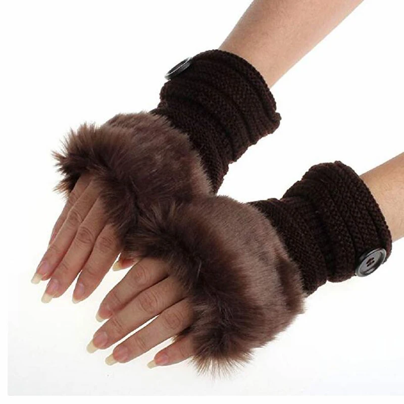 

New Winter Gloves Female Fingerless Gloves Without Fingers Pompom Faux Fur Wrist Mittens Knit Patchwork Luvas Plush Handschoenen