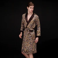 men silk summer and autumn luxury kimono satin bathrobe print knee length long sleeve coffee bath robe dressing gown sleepwear