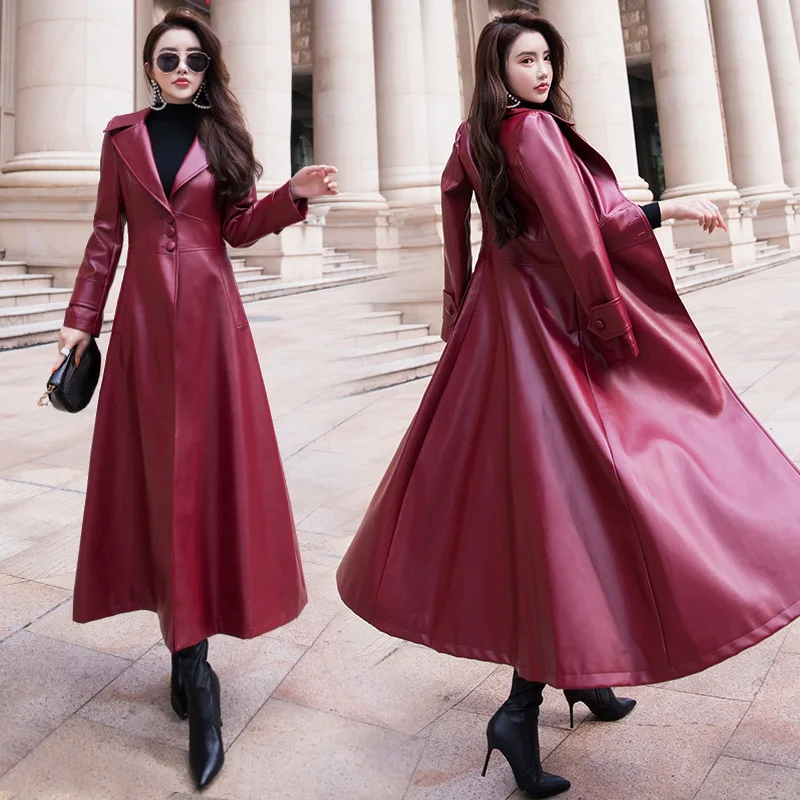 Fall New Faux Leather Jacket Women Casual Pu Leather Windbreaker Lapel Long Trench Coat Dress Female Streetwear Oversized Coat