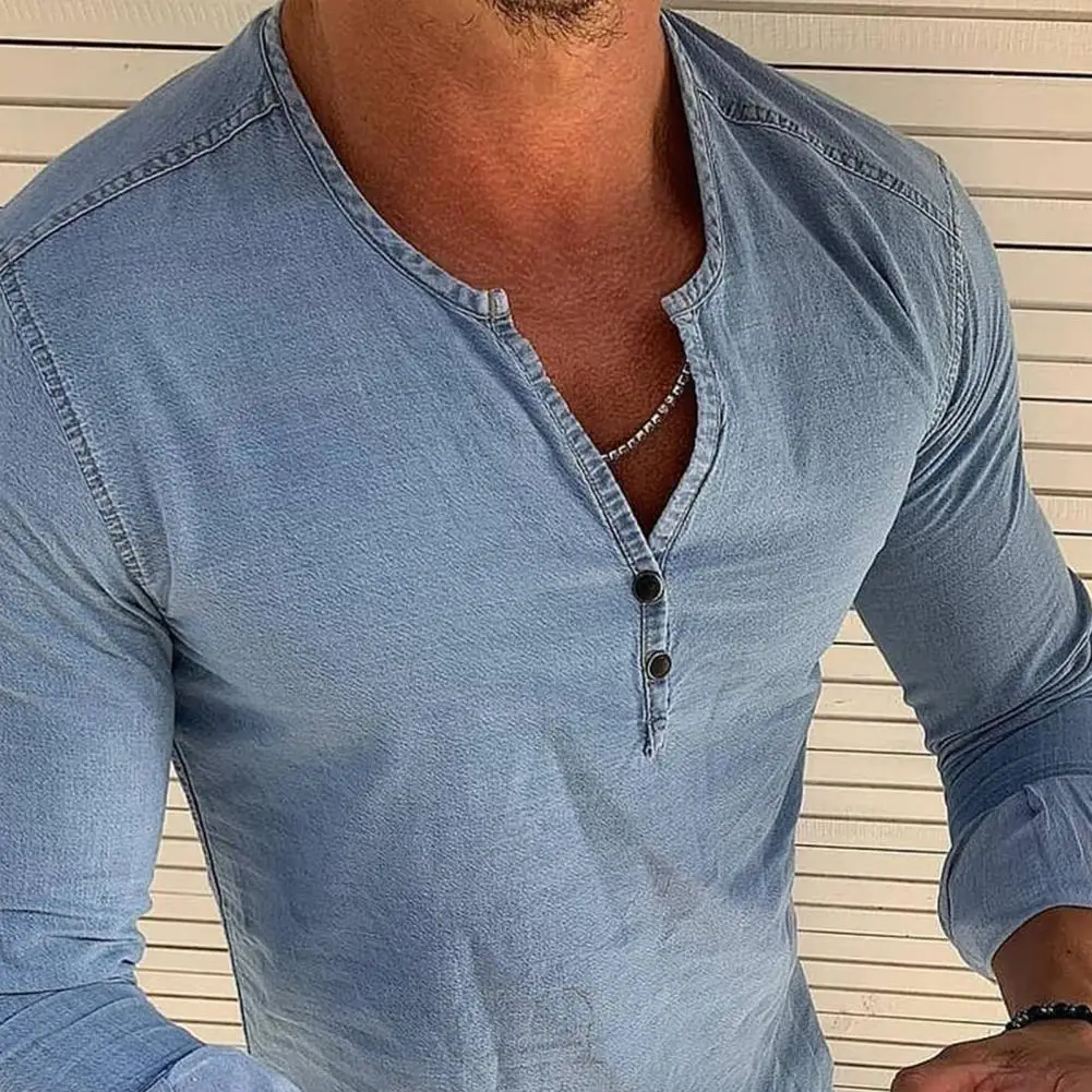 

Casual Men T-shirt Solid Color V Neck Breathable Summer Long Sleeve Round Neck Top for Daily Wear