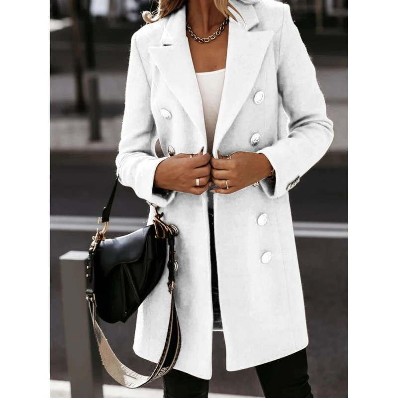 

Winter Wool Coat Women Double Breasted Casual Slim Vintage Full Sleeve Mid Long Office Ladies Warm Manteau Femme Jacket SJ7132C