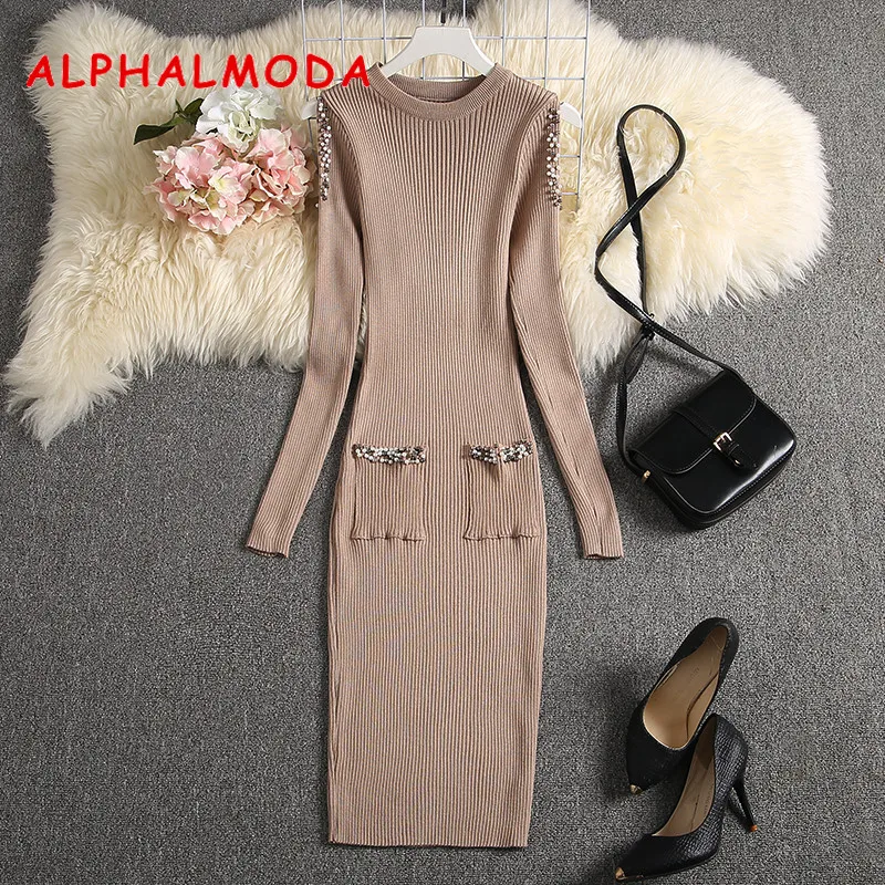 ALPHALMODA новое женское ажурное осеннее трикотажное платье с длинными рукавами, облегающее женское элегантное эластичное платье