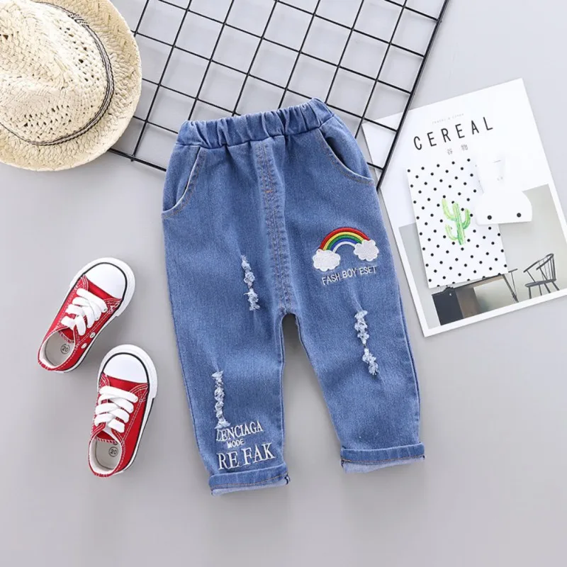 

Autumn Trousers Toddlers Kids Boy Letters Rainbow Print Denim Pant Baby Long Pants Trousers Bottoms