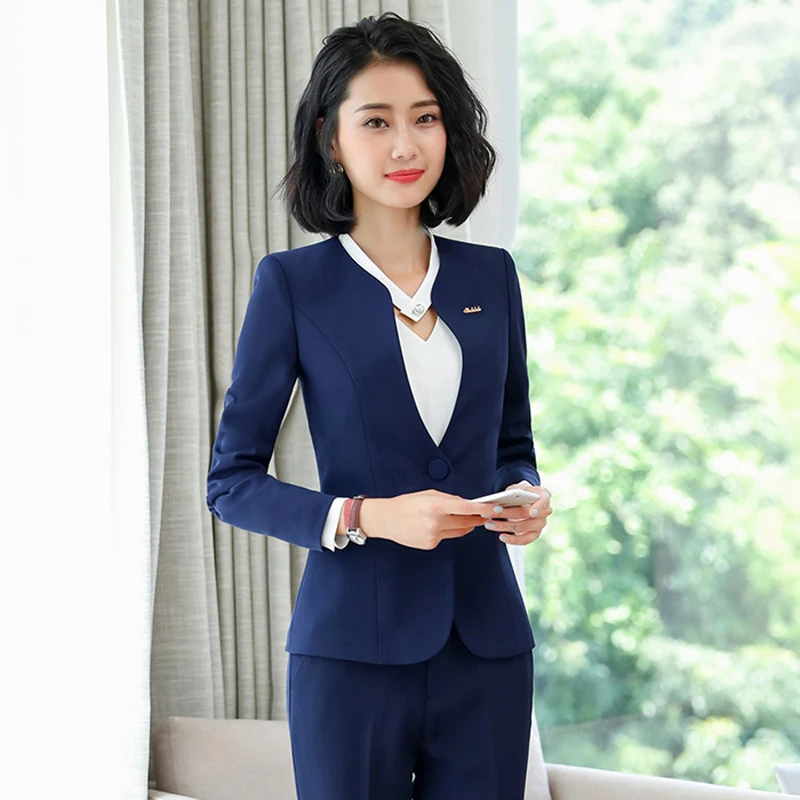 blue coat and pant IZICFLY стиль осень серый брючный и пиджак костюм Женская рабочая одежда офисный элегантный деловой костюм из двух предметов женские офисные брючные костюмы - Цвет: blue coat and pant