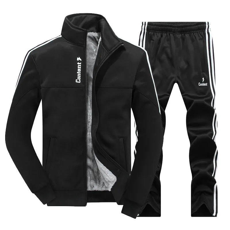 Черный New Winter Men's Sets Plus Velvet Men Sport Suits Sportswear Set Fitness Warm Tracksuit Zip Pocket Male's Casual Clothing - Цвет: Черный