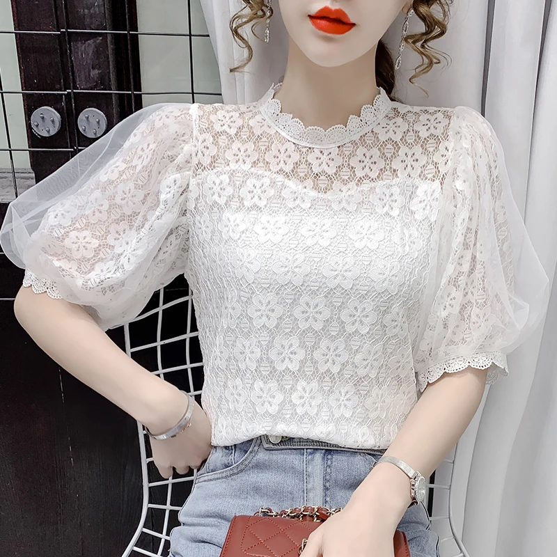 

Women Tops New Summer Blusas 2021 Flowers White Lace Blouse Women Slim Shorts Sleeve Female Vintage Ruffle Chemise Femme 901J
