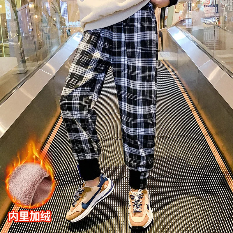 

Зимние новые бархатные полосатые клетчатые брюки для девочек-подростков, детские модные повседневные спортивные брюки, детские весенние п...