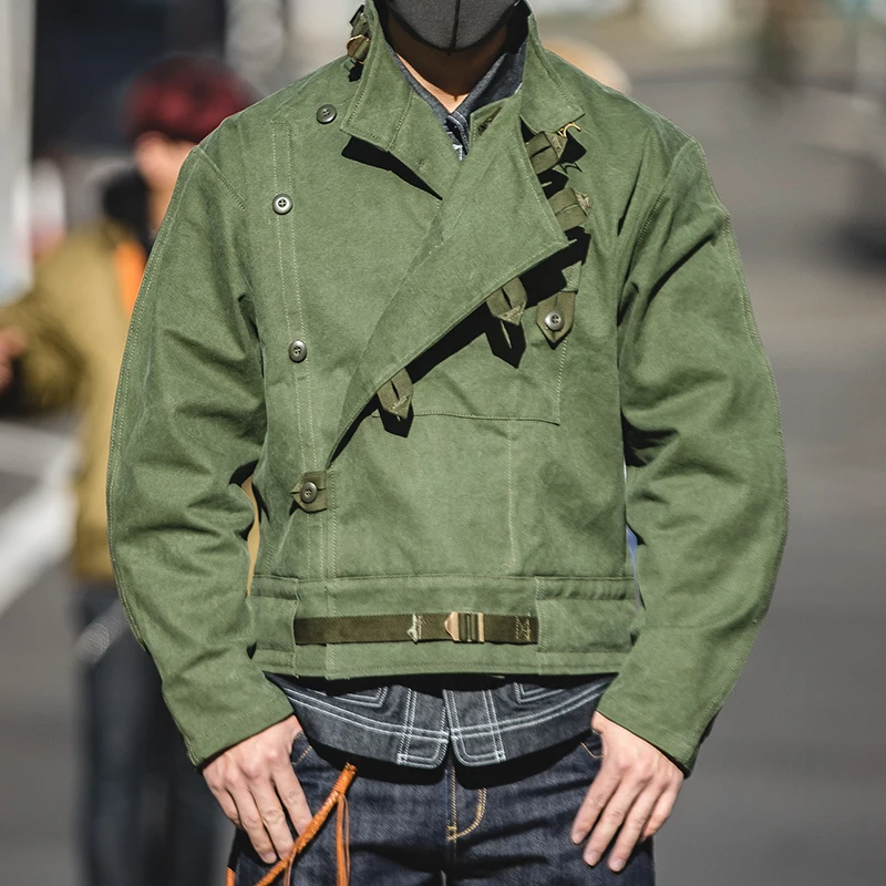 Maden Army Green Retro bomber Jackets Misplaced Oblique Buckle Swedish Motorcycle Men's AMEKAJI Cotton Autumn Winter Coat