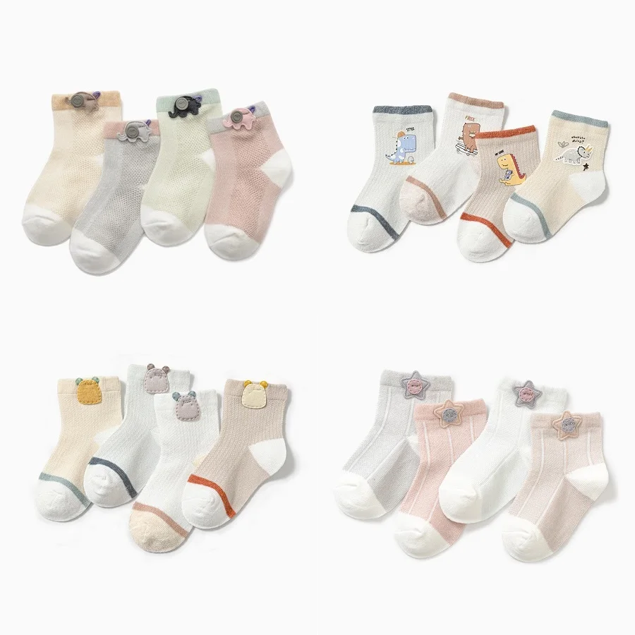 Calcetines finos de malla para beb&eacute;, medias de algod&oacute;n con dibujos animados, sin costuras, para verano, 4 par/lote-0