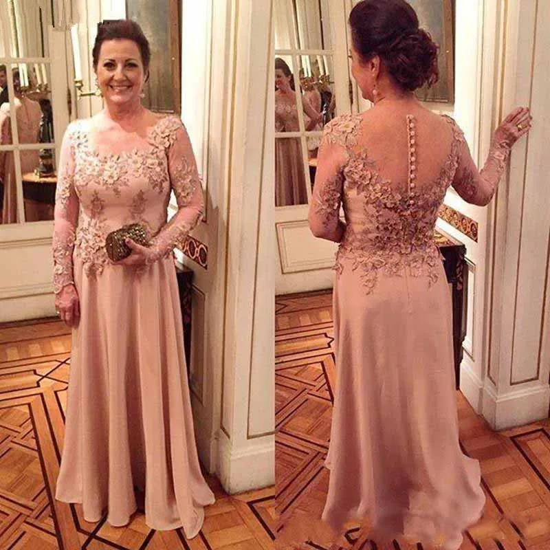 

Plus Size Mother Of The Bride Dresses A-line Long Sleeves Chiffon Lace Pearls Long Groom Mother Dresses For Weddings