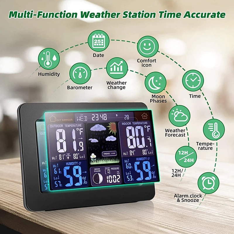 

Wireless Weather Station Digital Color Display Weather Station with Outdoor Sensor Temperature Hygrometer Alarm Clock