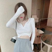 hong kong style v neck long sleeve t shirt slim bottomed shirt autumn and winter slim fit with short crop top women clothing