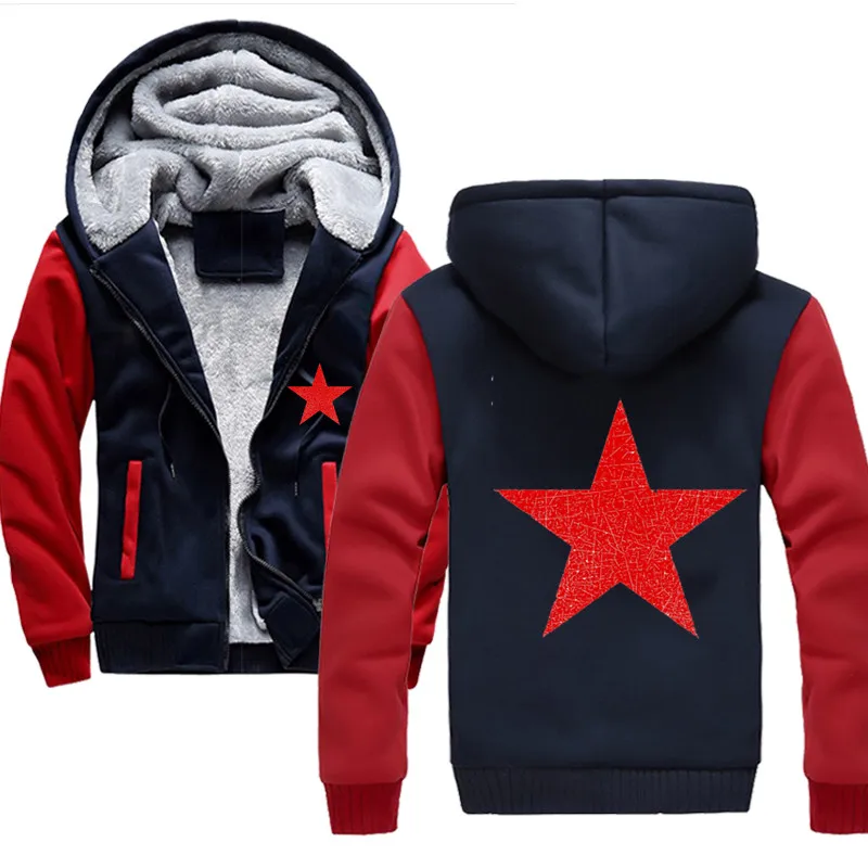

Russian Red Star Winter Men's Hoodies Fleece Warm Hood Thick Windproof Coats Sweatshirts Hoodies Zipper Men Hoodie Jacket