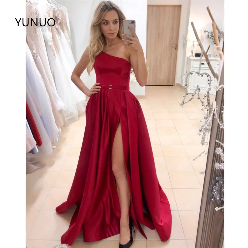 

YUNUO Simple Satin One Shoulder Prom Dress Evening Dresses Long вечерние платья Sexy Side Split Formal Party Gowns vestidos