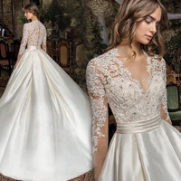 2021 new a line wedding dress deep v neck long sleeve temperament lace appliqued top sweep train satin palace bridal gowns