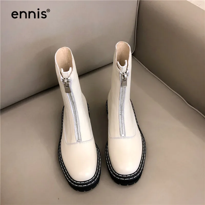 ENNIS/Брендовые женские ботинки на молнии спереди; женская обувь; ботильоны из натуральной кожи; ботинки на платформе; Цвет черный, бежевый, красный; A9236