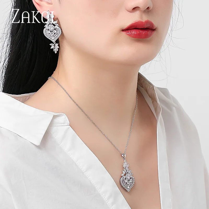 ZAKOL 3 цвета Роскошный большой маркиз сверкающий CZ цирконий цветок кулон и