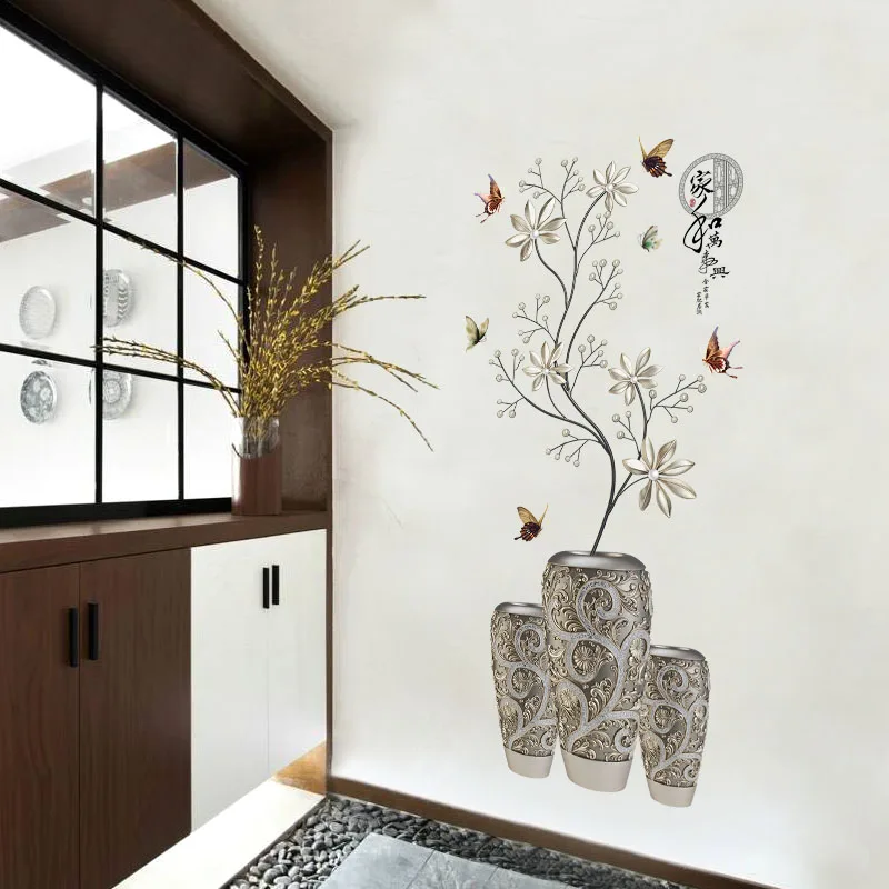 58*118cm Silver Vase Flower Wall Stickers Art Butterfly Tree Home Decor Vinyl DIY Decals Potted Plant Rooms Decoration | Дом и сад