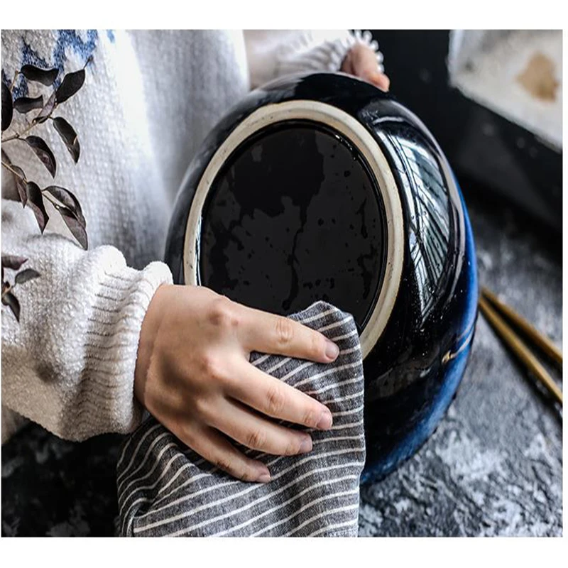 

Super Big Fruit Salad Bowl Dim Blue Irregular Ceramic Tableware Dishes Set Noodle Large Capacity Bowl Restaurant Household Tool