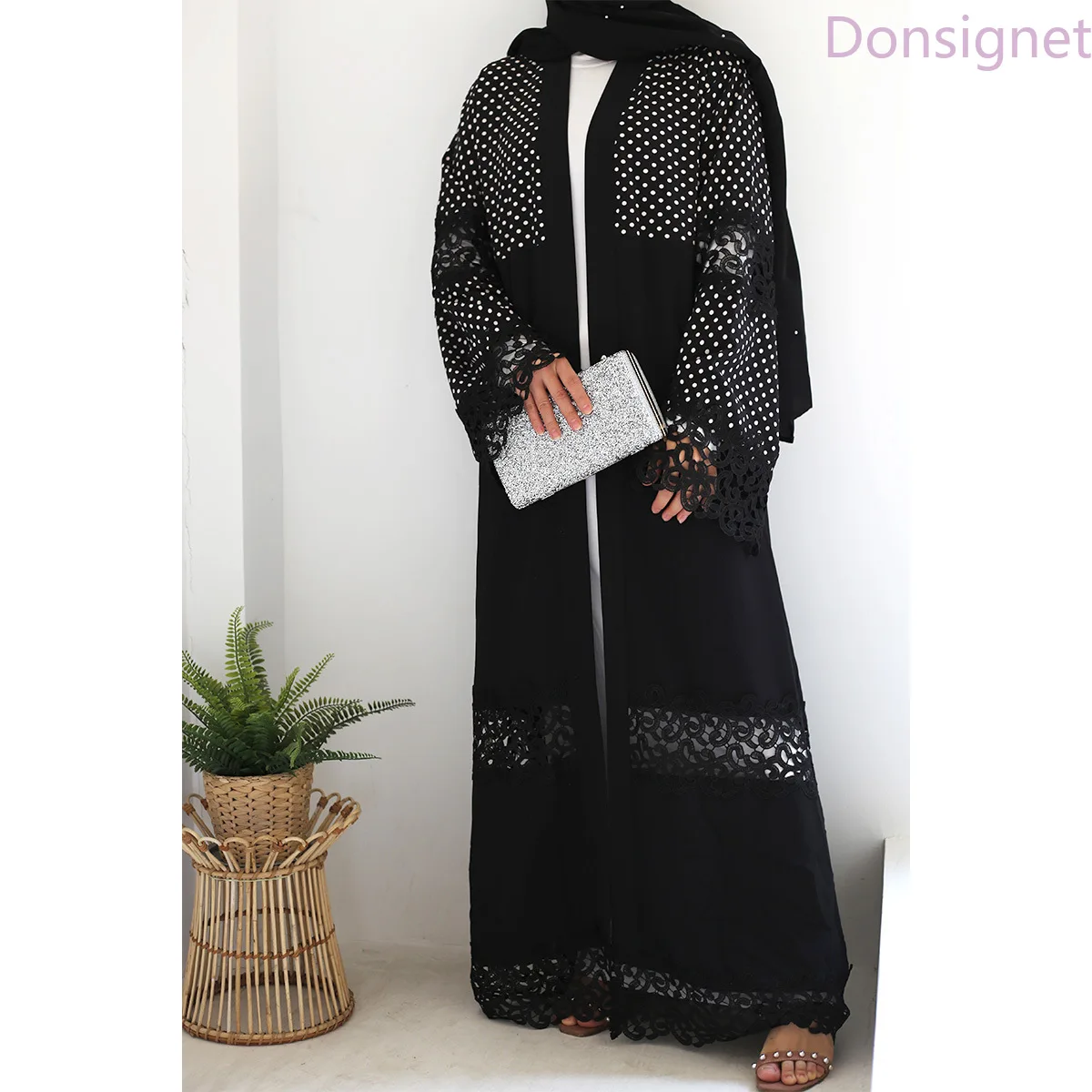 

Donsignet Cardigan Women Abaya Turkey Muslim Fashion Black Lace Stitching Dot Islamic Cardigan Muslim Dubai Abaya Long Dresses