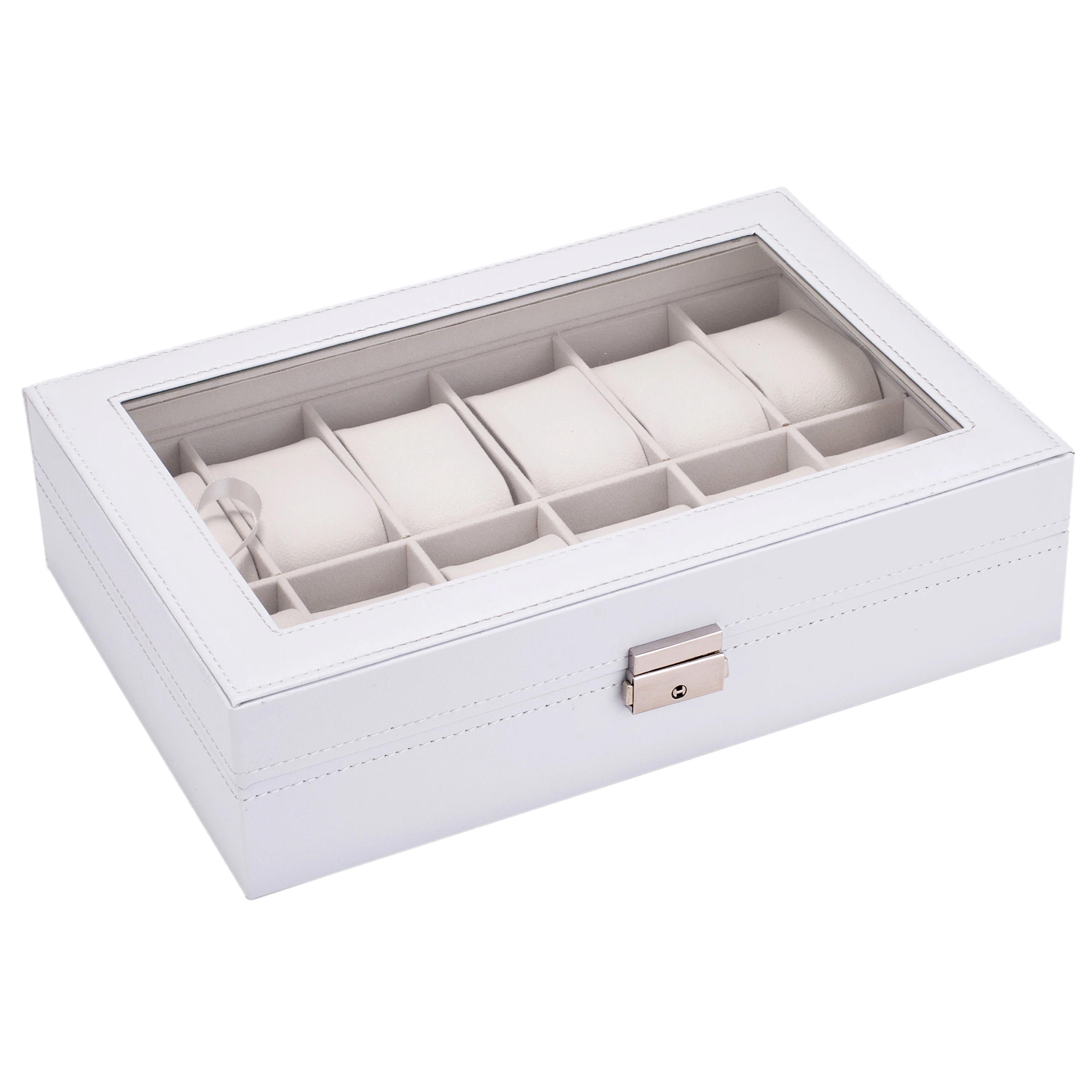 

[US-W]Watch Box 12 Slots Watch Case for Men Women Leather Watch Organizer Holder Display Storage Case with Glass Lid White