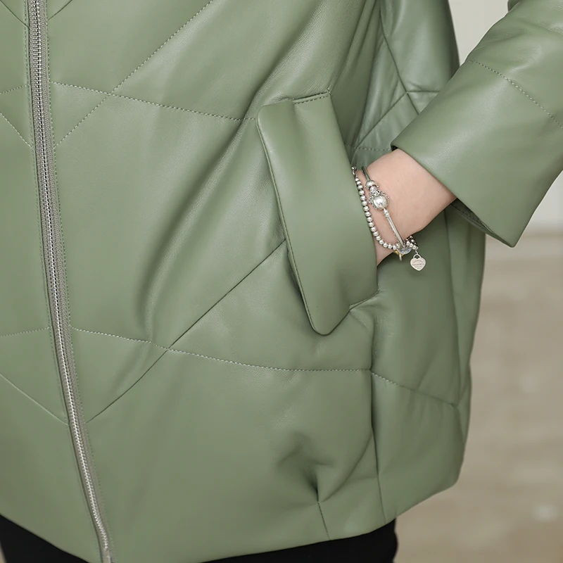 Женская зимняя куртка из натуральной кожи на утином пуху Женское пальто с