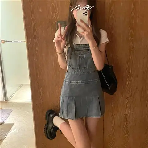

Jmhop First Love Goddess Sweet Denim Strap Skirt Versatile and Thin Pleated Dress Women's Summer Fashion Small Clear Trend