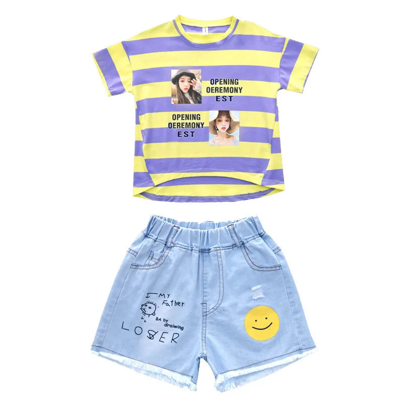 

Children Denim Shorts Sets Summer Clothes Korean Cartoon Striped T-Shirt+Short Jeans Two Piece Baby Girl Outfit Casual Kids Suit