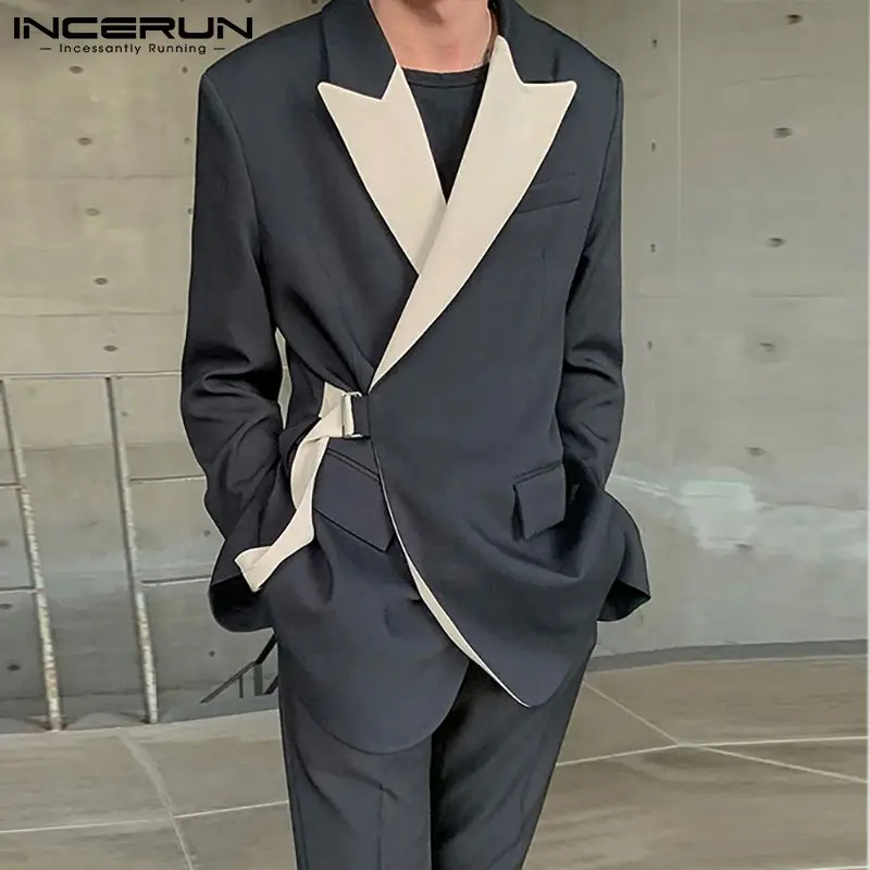 

Men Blazer Patchwork 2022 Lapel Long Sleeve Lace Up Elegant Casual Suits Men Streetwear Fashion Leisure Thin Coats 5XL INCERUN 7