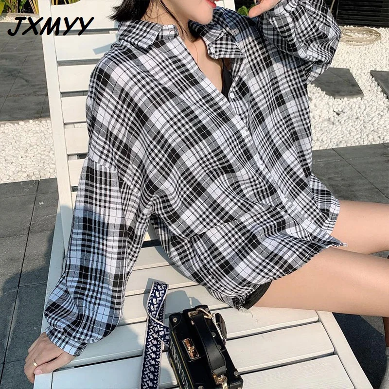 

Spring 2021 new Korean version loose mid-length plaid western style lantern sleeve POLO collar long-sleeved shirt shirt women13