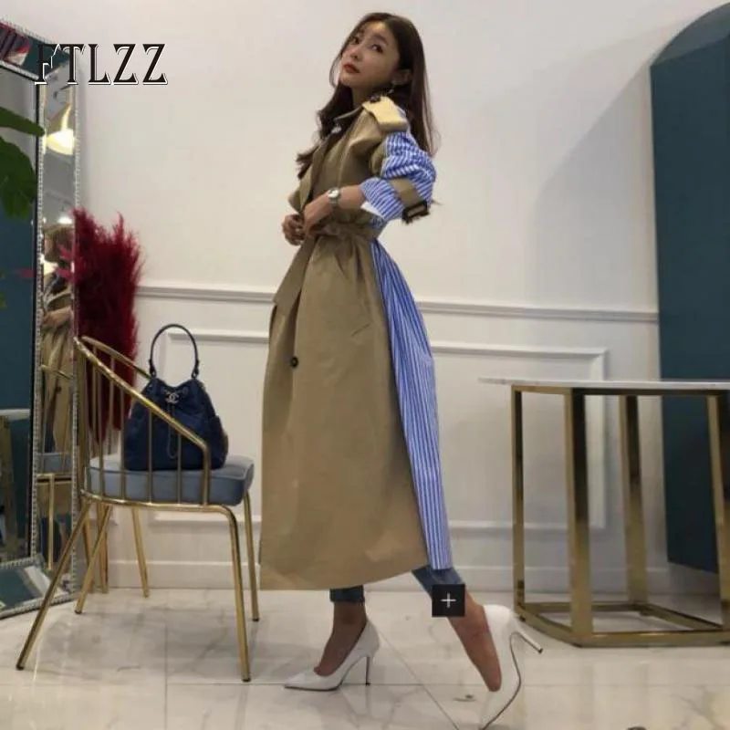 Женский свободный Тренч в полоску однобортная ветровка средней длины с отложным