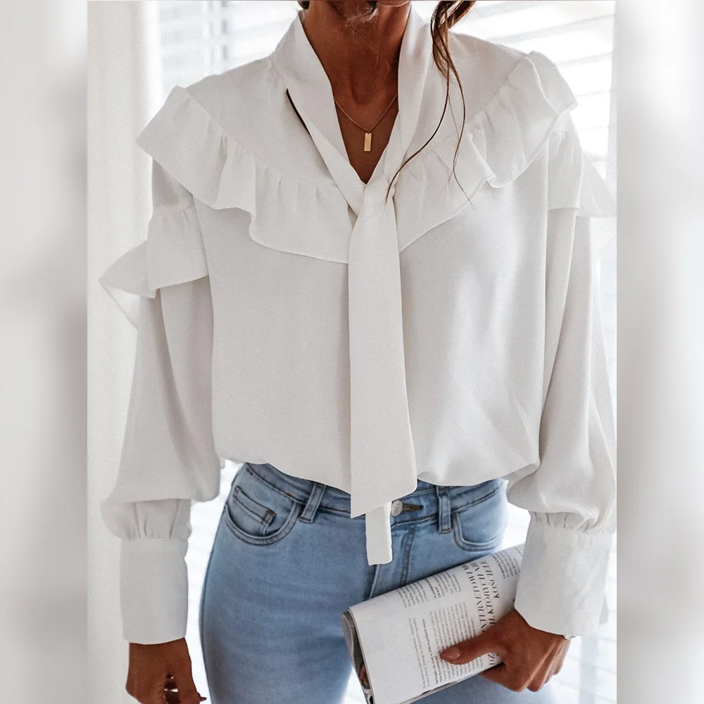 

Foridol white ladies long sleeve ruffle blouse shirt women autumn winter lace up elegant blouse shirt office casual tops 2020