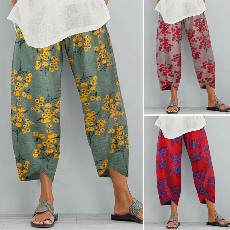 

Women Cotton Linen Casual Long Straight Pants Floral Print Elastic Waist Loose Wide Leg Trousers 2021 Summer Fall Fashion Pants