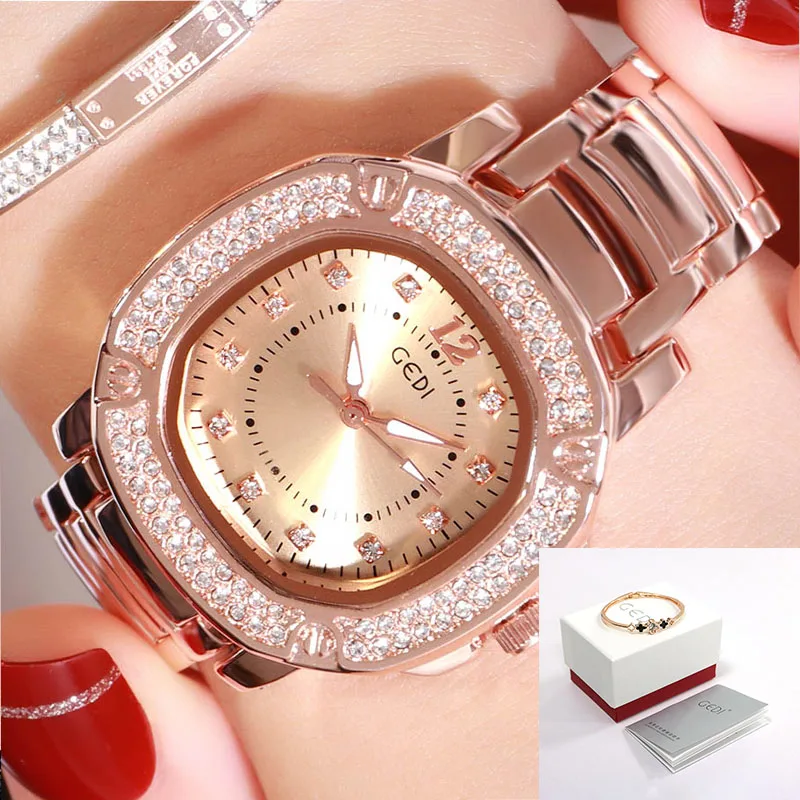 Rosegold Gold Box GEDI, женские часы с ремешком из сплава, женские наручные часы, повседневные кварцевые женские часы,, роскошные часы, водонепроницаемые, relogio feminino - Цвет: Rosegold Gold Box