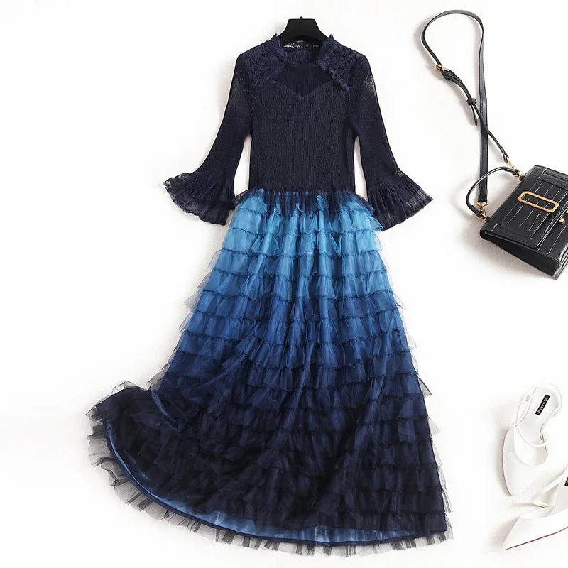 

2020 The New Spring Women Pleated Dress Long Sleeve Vintage Korean Fashion Elegant LadiesParty Casual Mesh Sexy Maxi Clothes