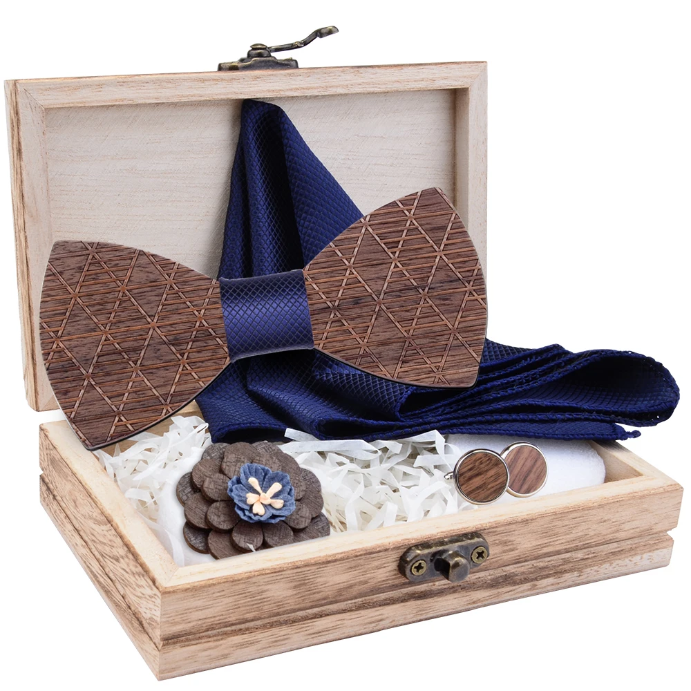 Мужская темно-синяя клетчатая деревянная бабочка галстук-бабочка Карманный