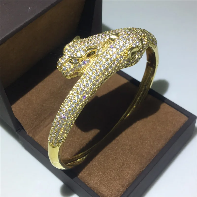 

Luxury Pave Simulated AAAAA cz Leopard head Bangle 14K Gold Party Engagement bangles Bracelets for women men wedding accessaries