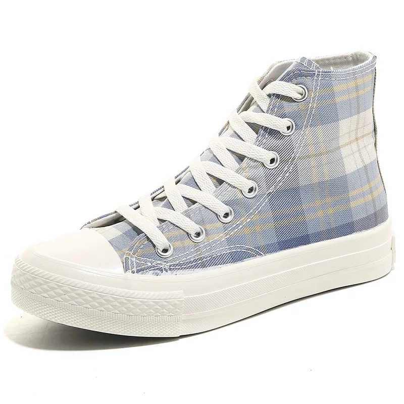 

Fashion Casual Plaid High-top Canvas Shoes Female Niche White Shoes Students All-match Retro Hong Kong Style Board Shoes Tide