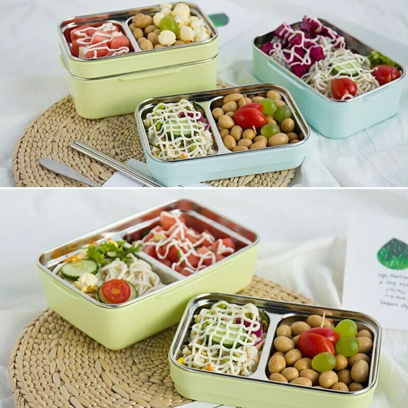 Мультяшный Ланч бокс для микроволновой печи двухслойная миска из нержавеющей стали с отделениями