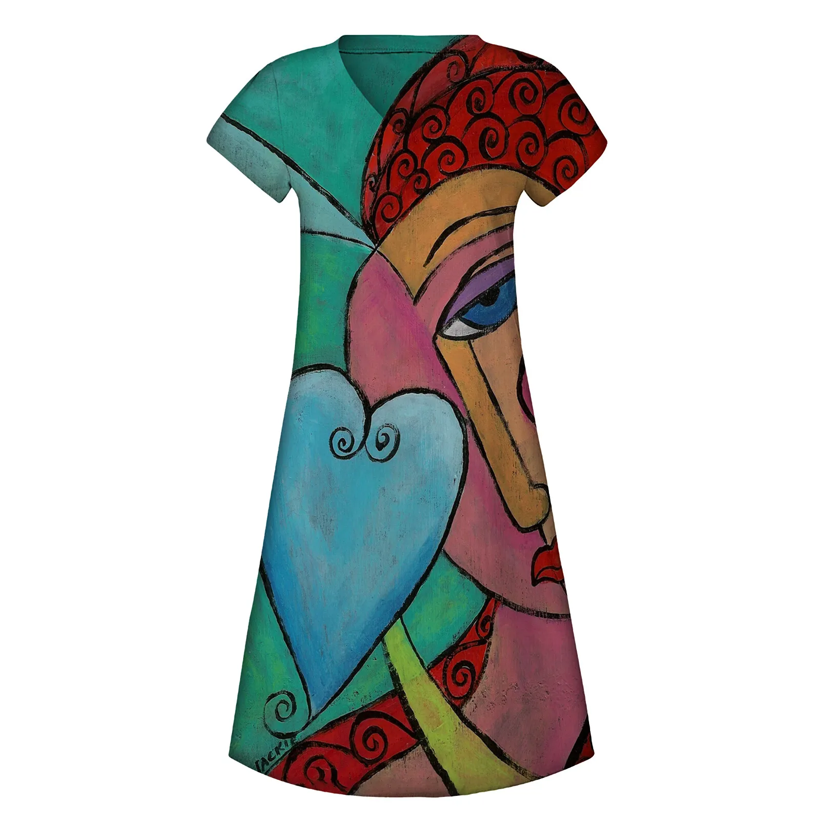 

Women Summer dress V-neck Abstract Print Short sleeve Plus Size Pullover Long Dresses Art painting design for mom M*