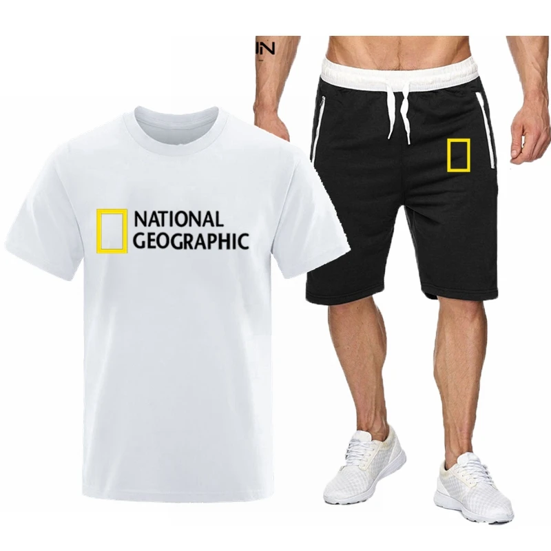 

National Geographic Tracksuit Men's Casual Brand Fitness Sweatshirt Two-piece T-shirt Shorts Men's Hip Hop Fashion Clothing