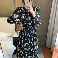 womens long sleeve floral chiffon dress with lining spring autumn bow single breasted pleated bottoming dresses female vestidos