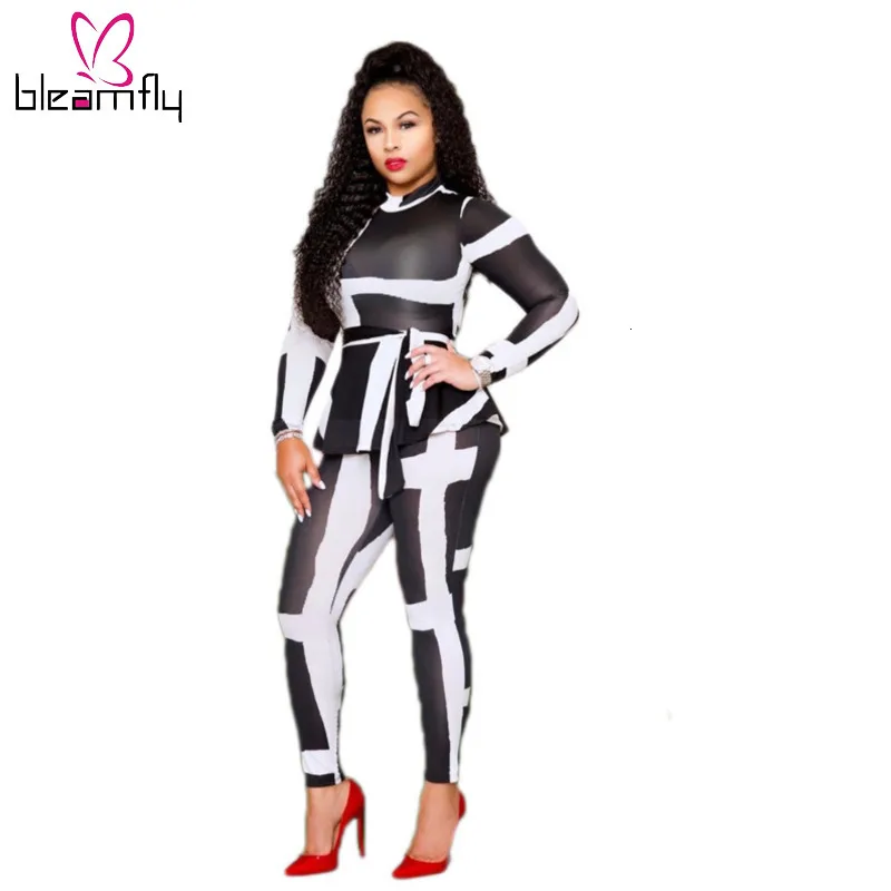 Осенний женский костюм с геометрическим принтом и длинным рукавом топ брюки