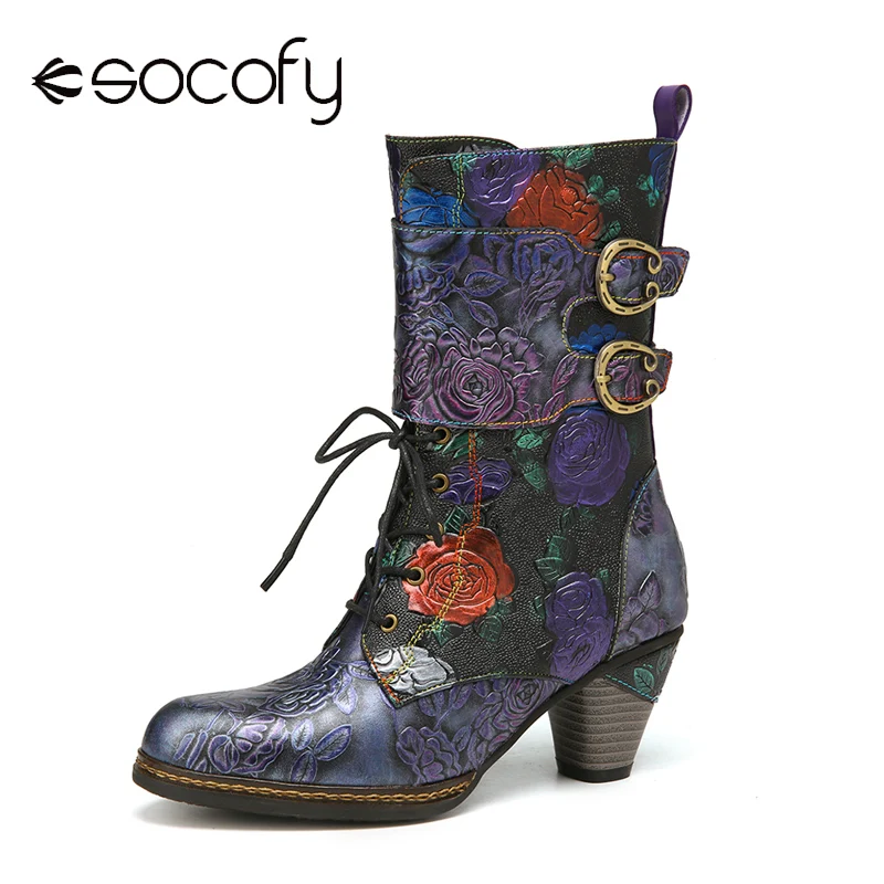 

SOCOFY Ladies's Shoes Elegance Vintage Floral Embossed Double Buckle Design Genuine Leather Warm Lining Casual Chunky Heel Boots