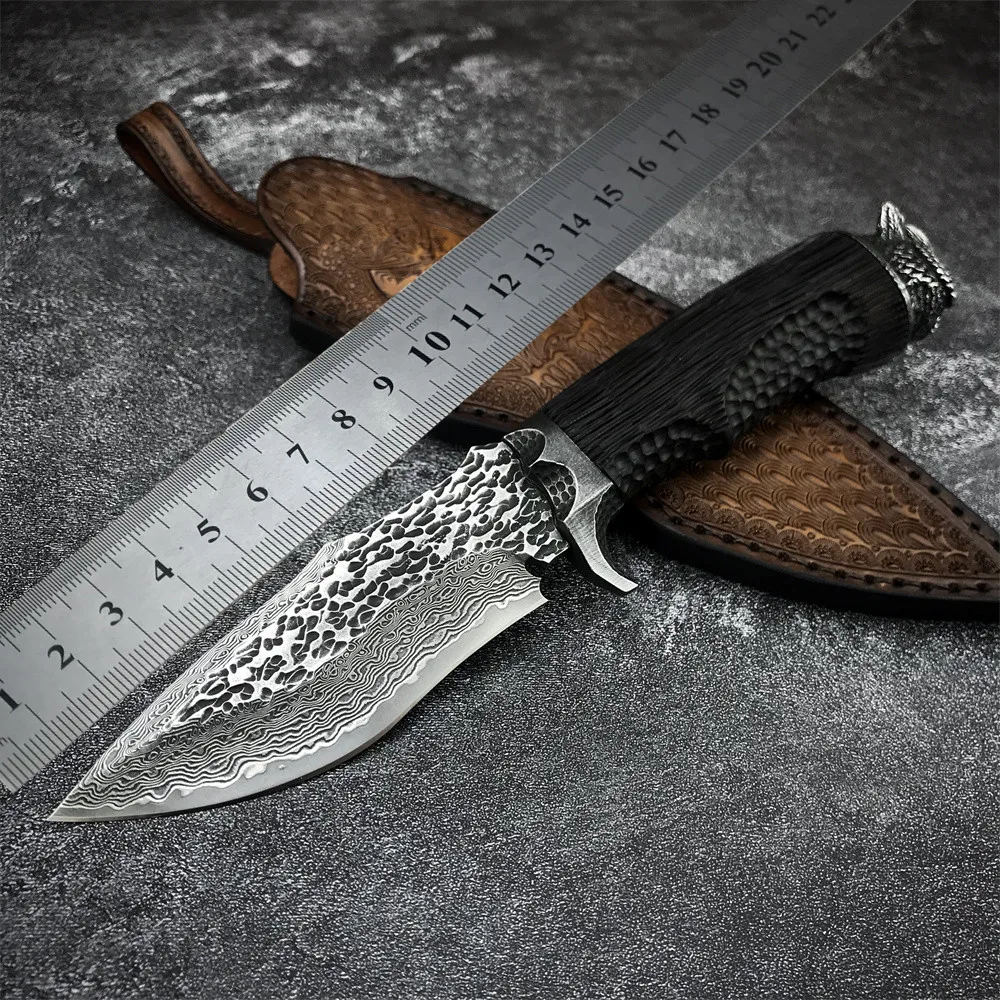 

Damascus Fixed Blade Knife Ebony Handle with Carved Owl Tail Outdoor Tactical Surival Tool Self-defense Owl Knife Leather Case
